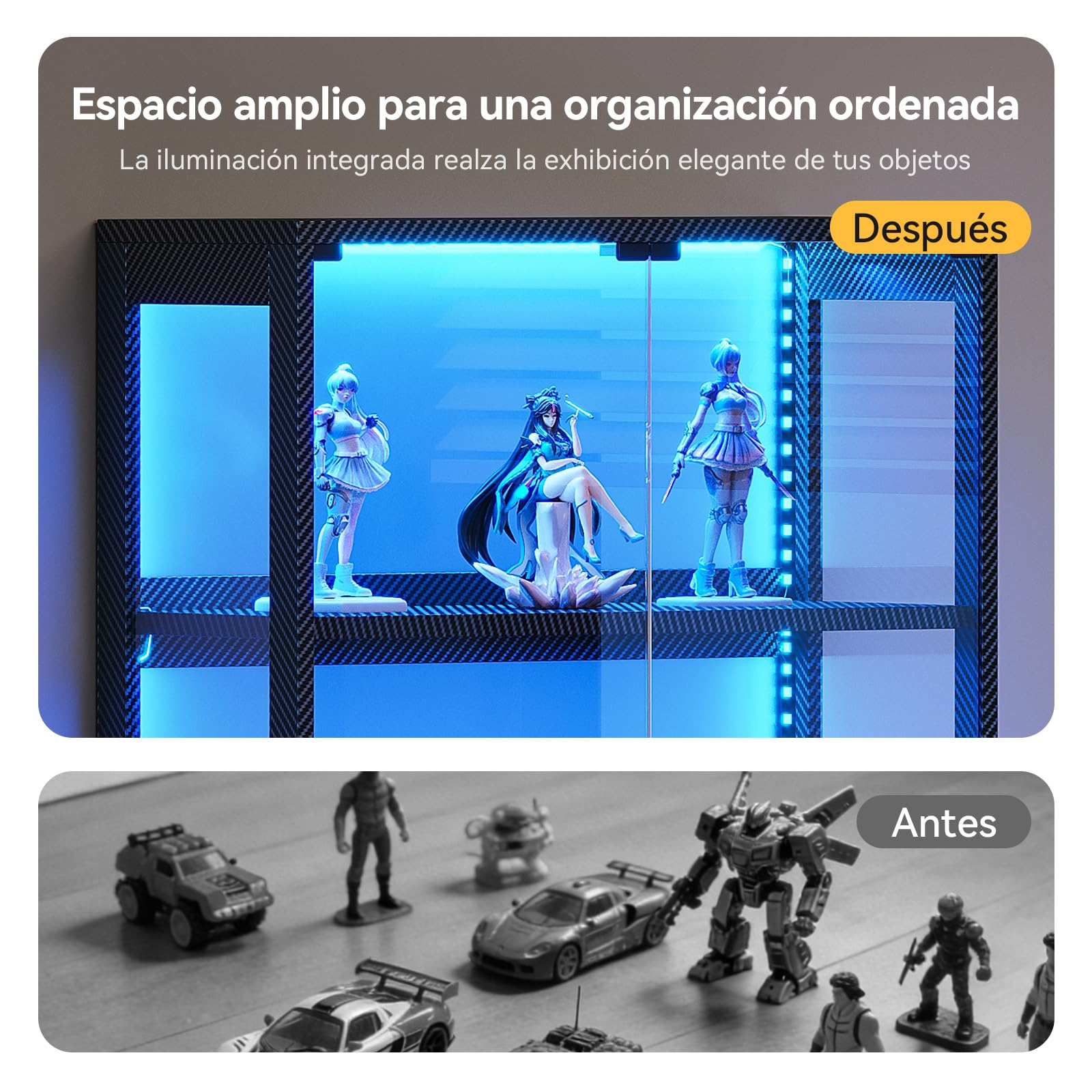 Coleshome Vitrina Cristal LED 4 Estantes, Expositor Puertas, 160cm, Negro | Montaje Fácil Acrílico 360° Anticaída Mando Fibra Carbono Cerrado Salón Oficina Gaming