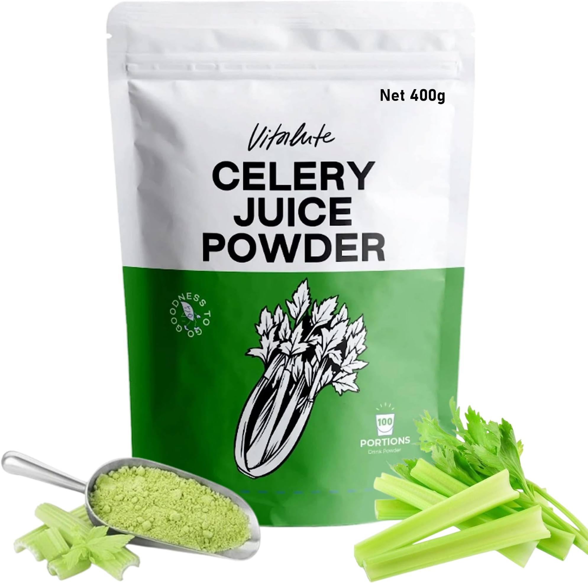Vitalute Organic Celery Powder Juice | 100 Servings | Celery Detox and Cold Pressed | Boosts Immune System, Energy and Supports Gut Health | Rich in Immune Vitamin C and Minerals | Vegan & Pure
