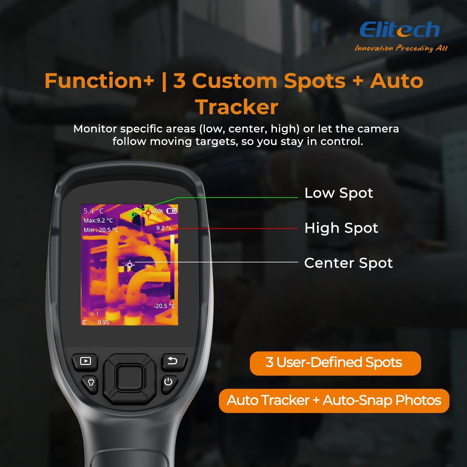 Elitech Telecamera termica 256 x 192 risoluzione IR, frequenza di aggiornamento 25 Hz, fotocamera 2 MP, display LCD da 3,5", IP54, impermeabile e antipolvere, USB-C, da -20 °C a 550 °C, per