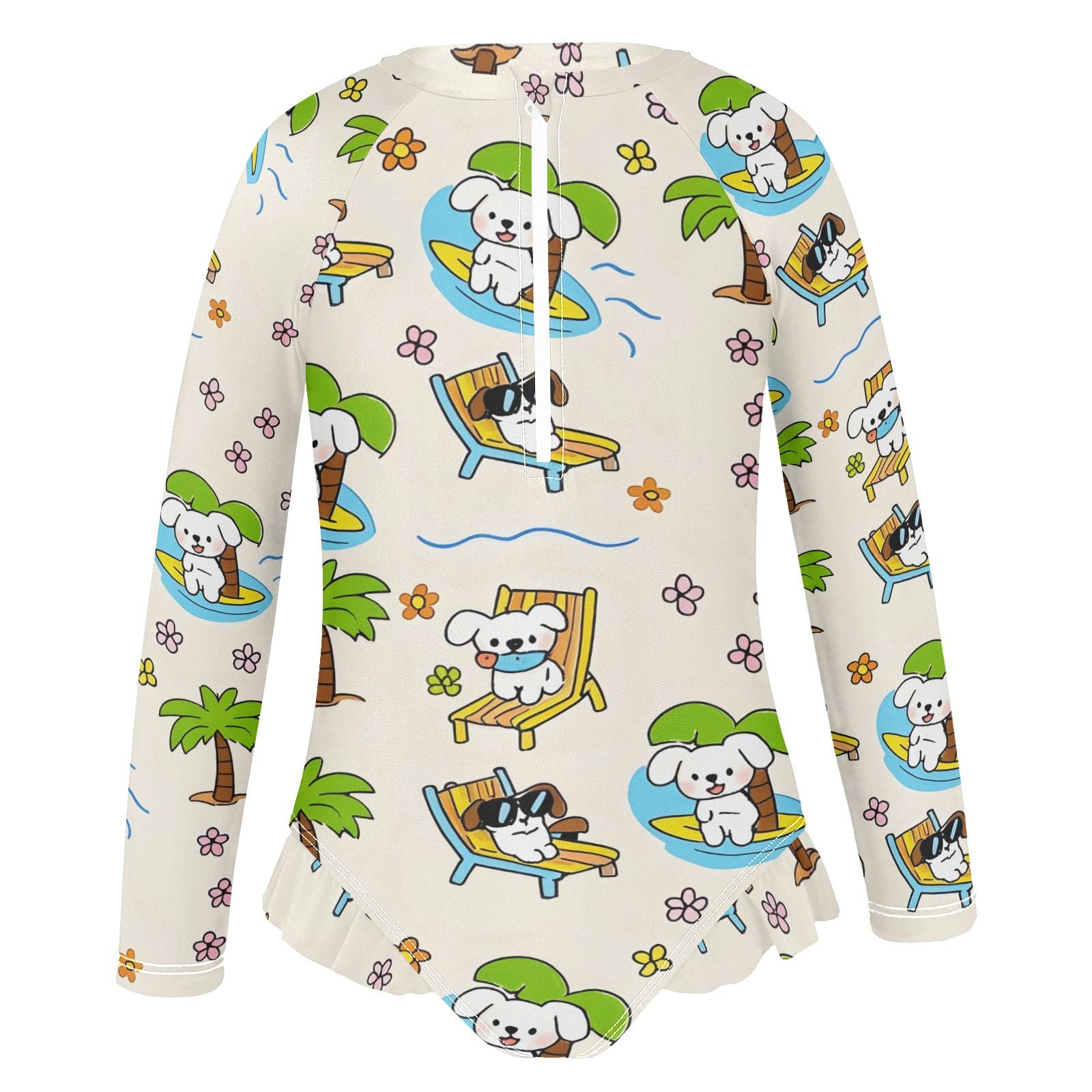 ALAZA Swimsuit for Girls Long Sleeve Rashguard Bathing Suit Puppy Palm Tree Quick Dry 4T
