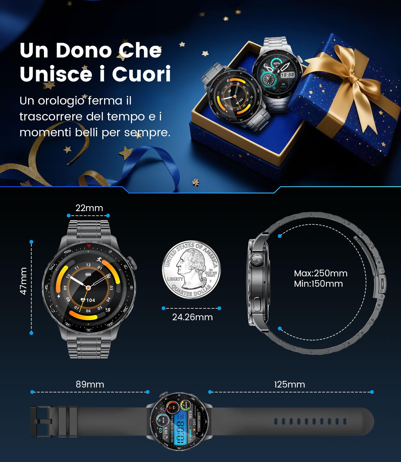 Smartwatch Uomo,1.43" AMOLED Orologio Smartwatch Uomo con Chiamate Bluetooth,123 Modalità Sportive,Monitoraggio Frequenza Cardiaca e Pressione, Cassa Acciaio Inox,UI Personalizzabile,per Android iOS