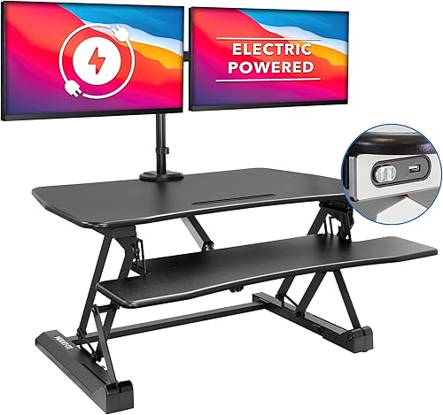 Mount-It! Convertidor de escritorio eléctrico de pie con brazos de monitor duales para 2 pantallas (máximo 32 pulgadas), escritorio grande de 35.4