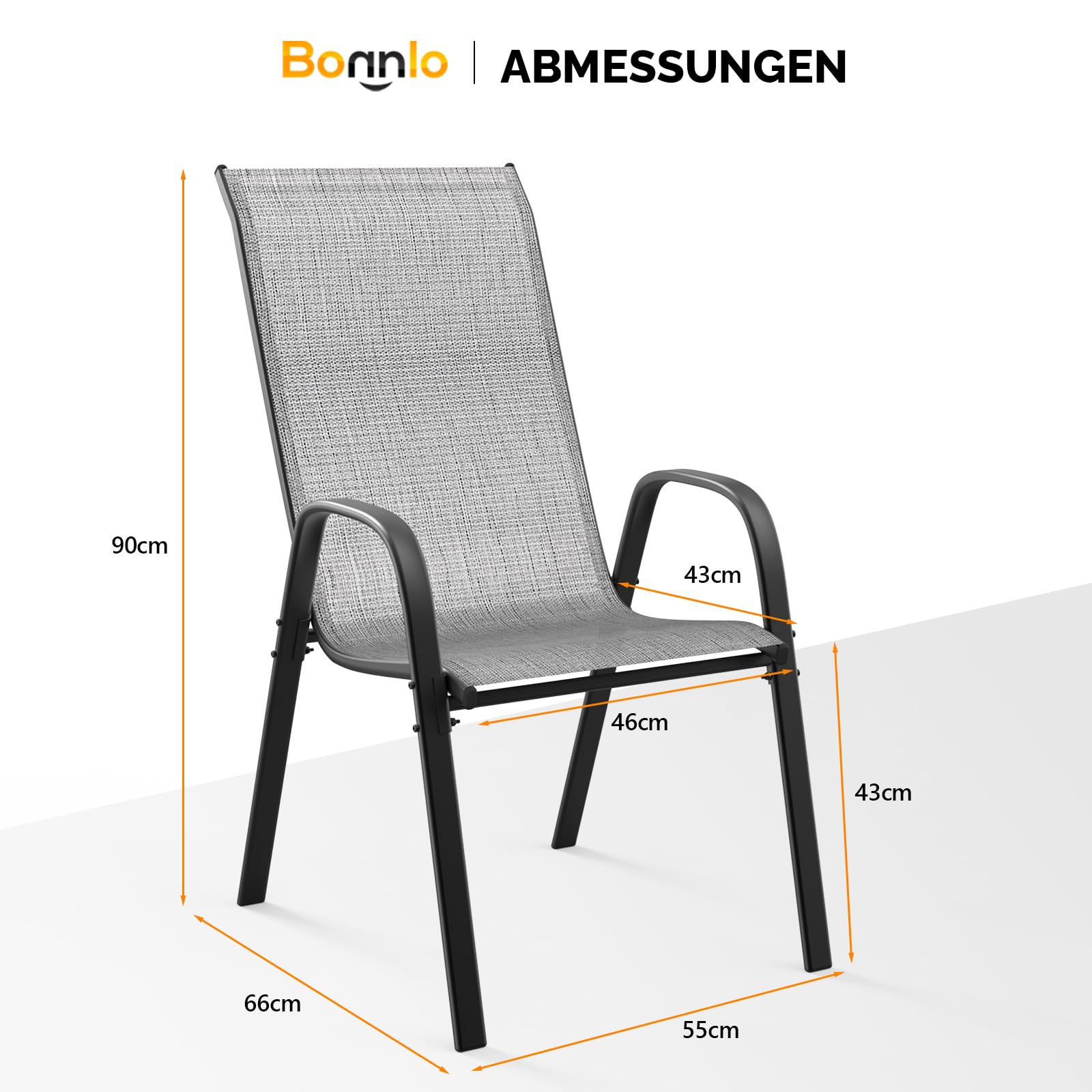 Bonnlo Stapelbare Gartenstühle 2er Set, Outdoor-Essstühle, Wetterfeste Stapelstühle mit Atmungsaktivem Textilene, Robustes Metallgestell, für Balkon, Terrasse & Garten, bis 180 kg, Grau