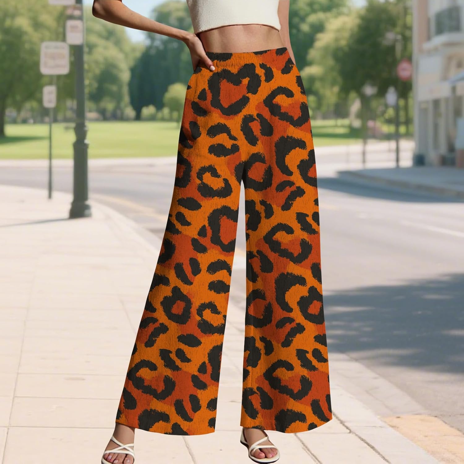 LIZALIG Women's Leopard Print Pants High Waist Wide Leg Trousers with Elastic Waistband Casual Loose Fit Pockets - Image 2