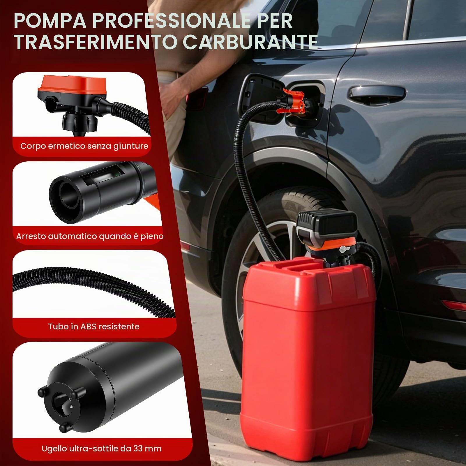 Pompa di trasferimento carburante con sensore auto-stop, pompa benzina elettrica ricaricabile, pompa gasolio portatile, 3 adattatori, pompa multiuso per benzina gasolio olio, Arancione