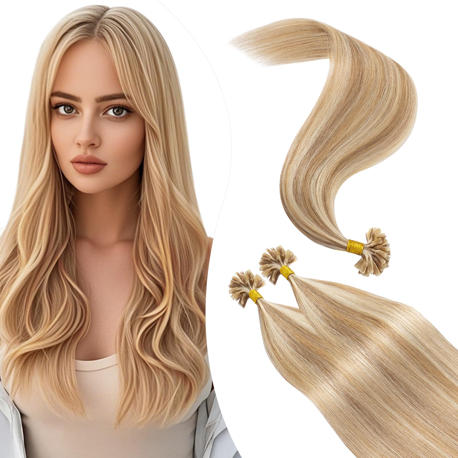 Elailite Extensions Echthaar Bonding 1g/s 45cm #12P613 Weissbraun/Hellblond U Tip Hair Extensions Haarverlängerung Keratin 100 Strähne 100g