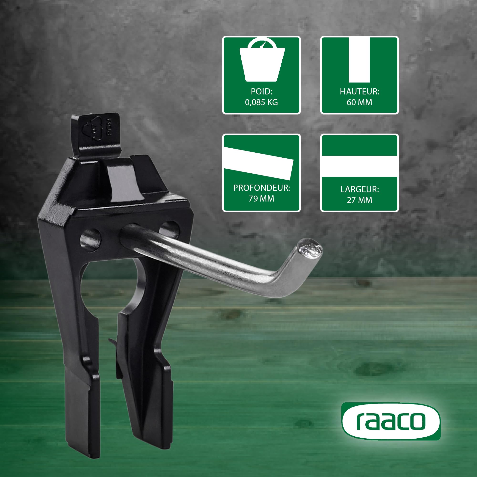 Raaco Crochets Simples Clip 1-60 pour Panneau Perforé et Mur d'Outils, Longueur 60 mm, 5kg max, Idéal pour Marteaux, Tournevis, Pinces et Plus, Crochet Porte Outils en Acier et Polyacétal, Lot de 5