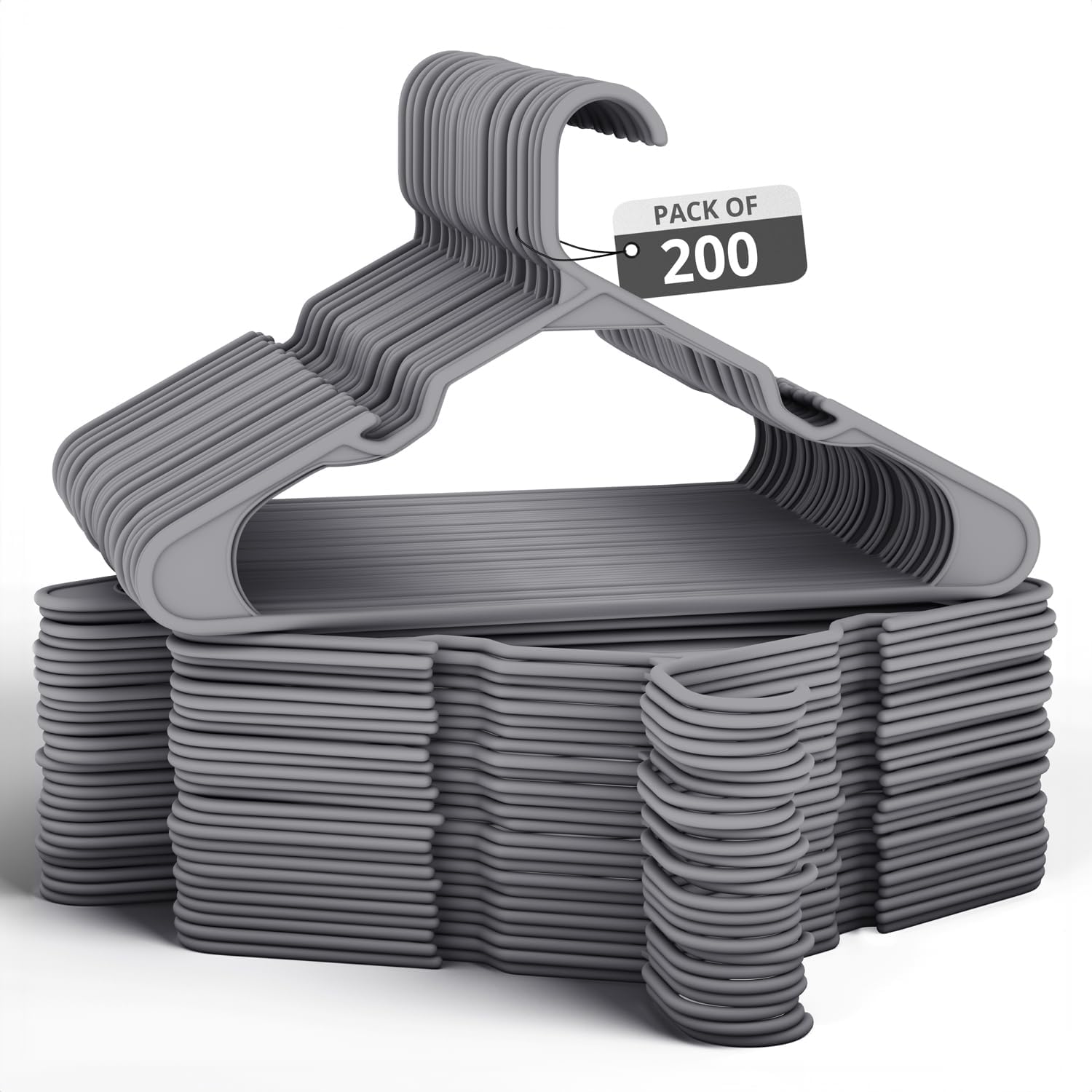 200 Pack Plastic Hanger for Shirt Pants Coats Dresses Skirts Suits Jackets - Standard Thick Coat Hanger - Sturdy & Durable Design with Shoulder Grooves Hook - Grey