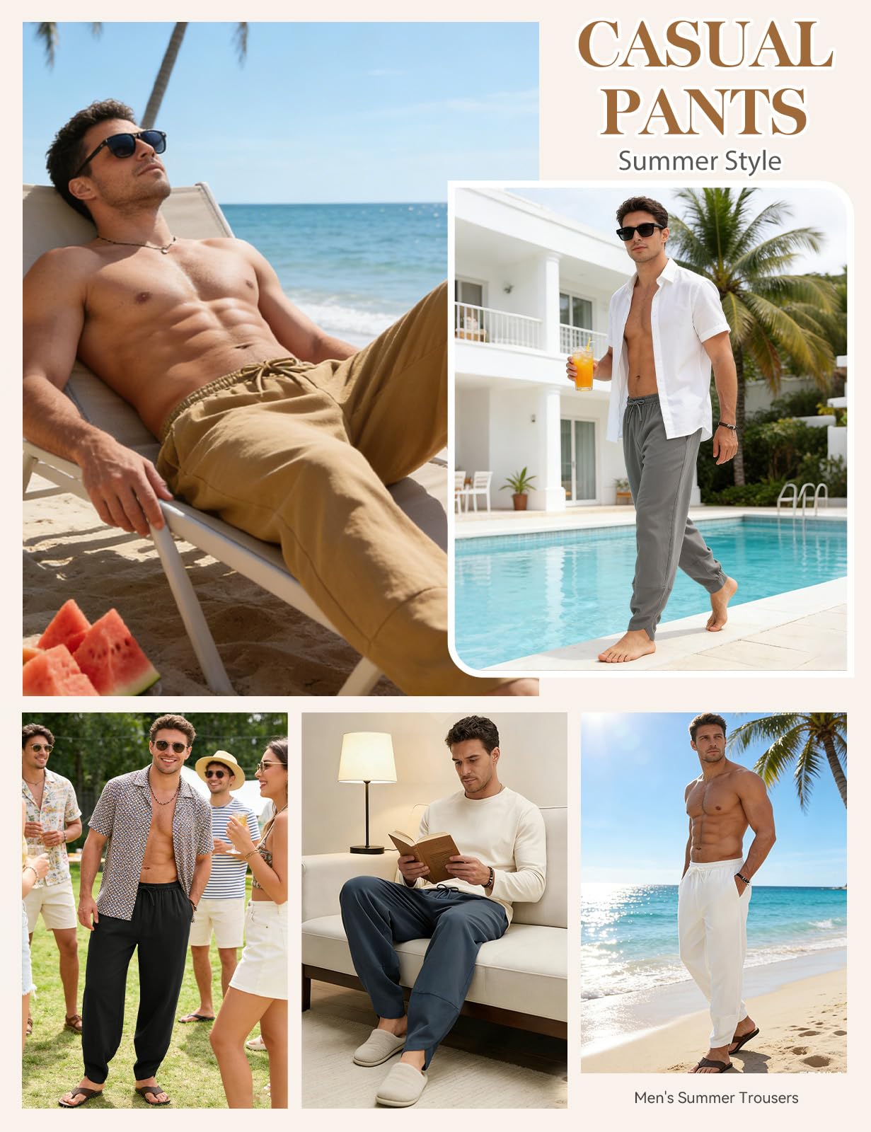 Voqeen Pantaloni Uomo Estivi Pantaloni Larghi in Cotone Casual da Spiaggia Pantalone Leggero dalla vestibilità Ampia Pantaloni Chino con Elastico in Vita E Gambe Larghe con Tasche