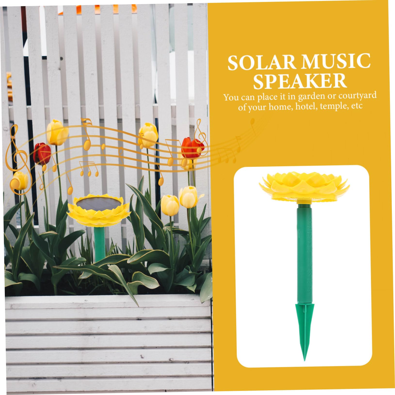 KOMBIUDA Altoparlante Solare a Forma di Loto, in Plastica Gialla, 500mah, per Esterni e Giardino, Riproduce Canti Buddisti