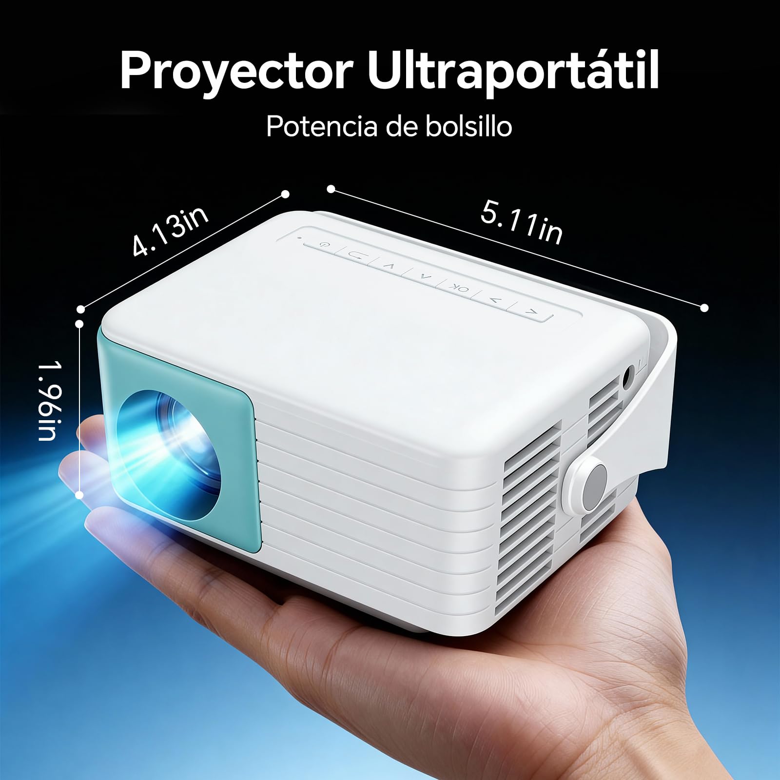 WOLFANG Proyector Portátil Mini, Cine en Casa para Dormitorio, Compatible Full HD 1080P, Corrección Keystone Automática, Zoom 50% y Rotación 180°, iOS/Android/TV Stick
