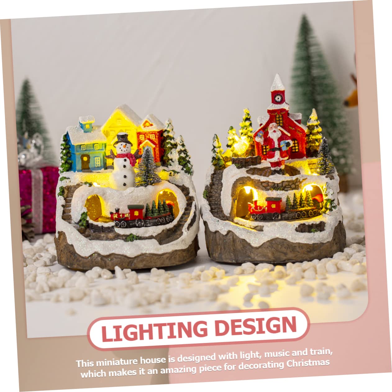 Cabilock 3 Piezas de Musica navideña estatuilla de la de Navidad Mini Pueblo navideño Tren de Navidad estatuilla de la iluminada en Miniatura iluminada de Navidad Resina