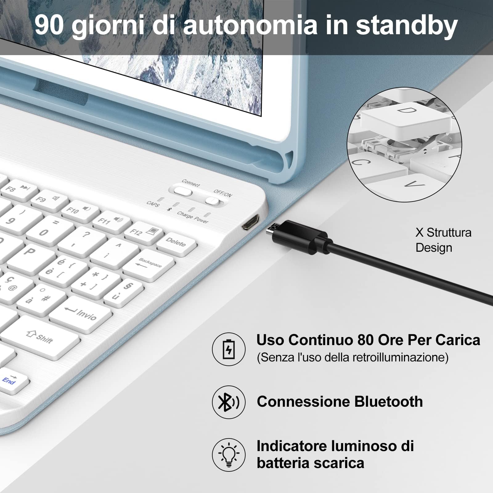 Tastiera per iPad 9/8/7 Generazione 10.2 Pollici/Pro 10.5/iPad Air 3 10.5" | Cover Keyboard Magnetico Staccabile, Italiano QWERTY, Custodia Tastiera Senza Fili Bluetooth con Portapenna, Blu chiaro