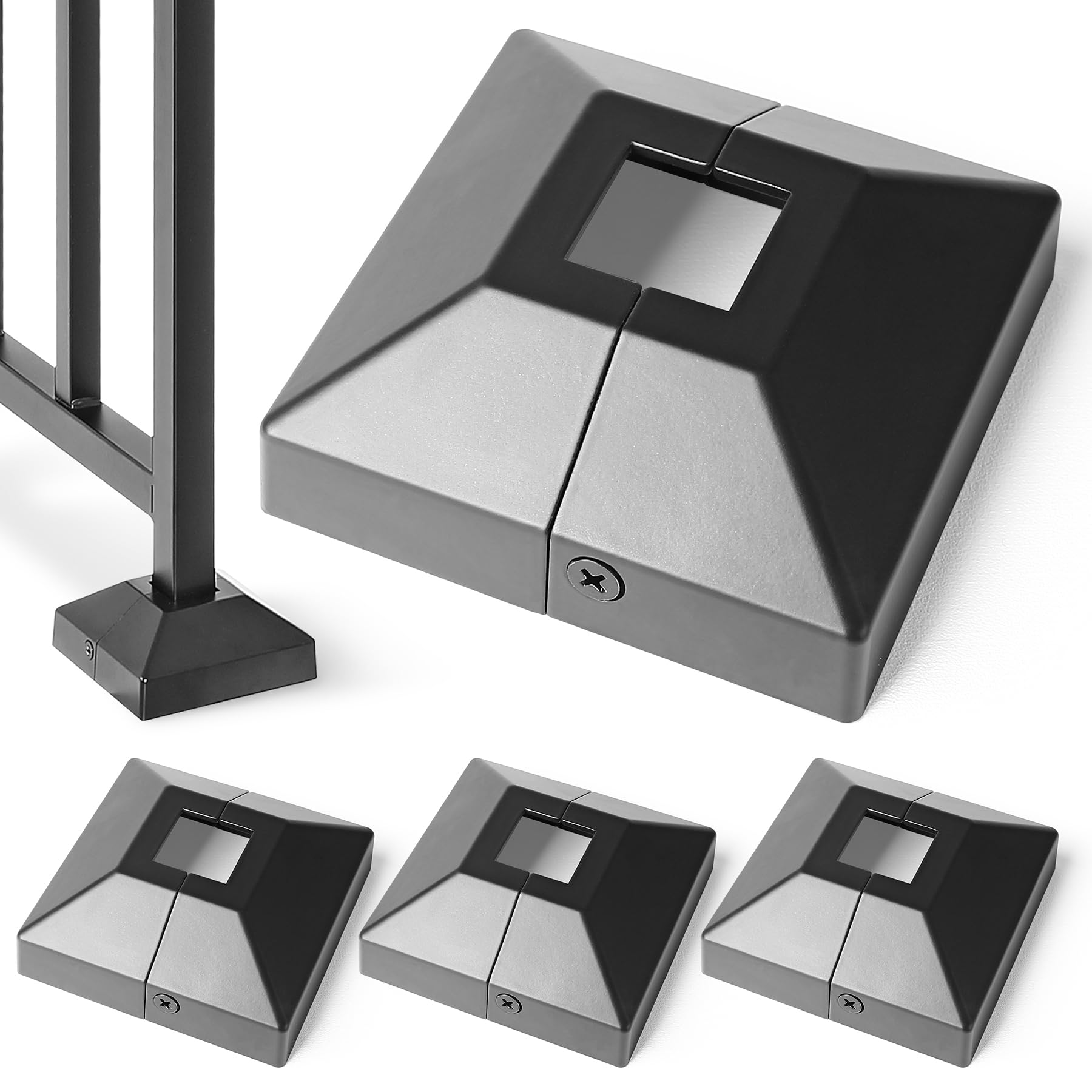 Brukid 1" Post Base Cover, Split Type Post Skirt, for Indoor/Outdoor Iron Deck Railing, Stair Post Base Decorative Post Covers Skirt (4Pack-Black)