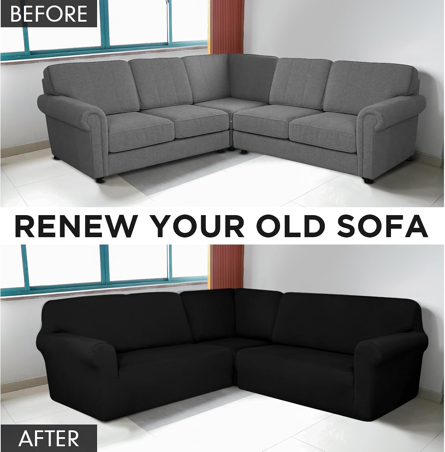 Breling 3 Pcs L Shaped Couch Covers for Sectional Corner Sofa Stretch 5 Seat Washable Corner Sofa Slipcover Sectional Couch Protector for Living Room(Black,Milk Silk)