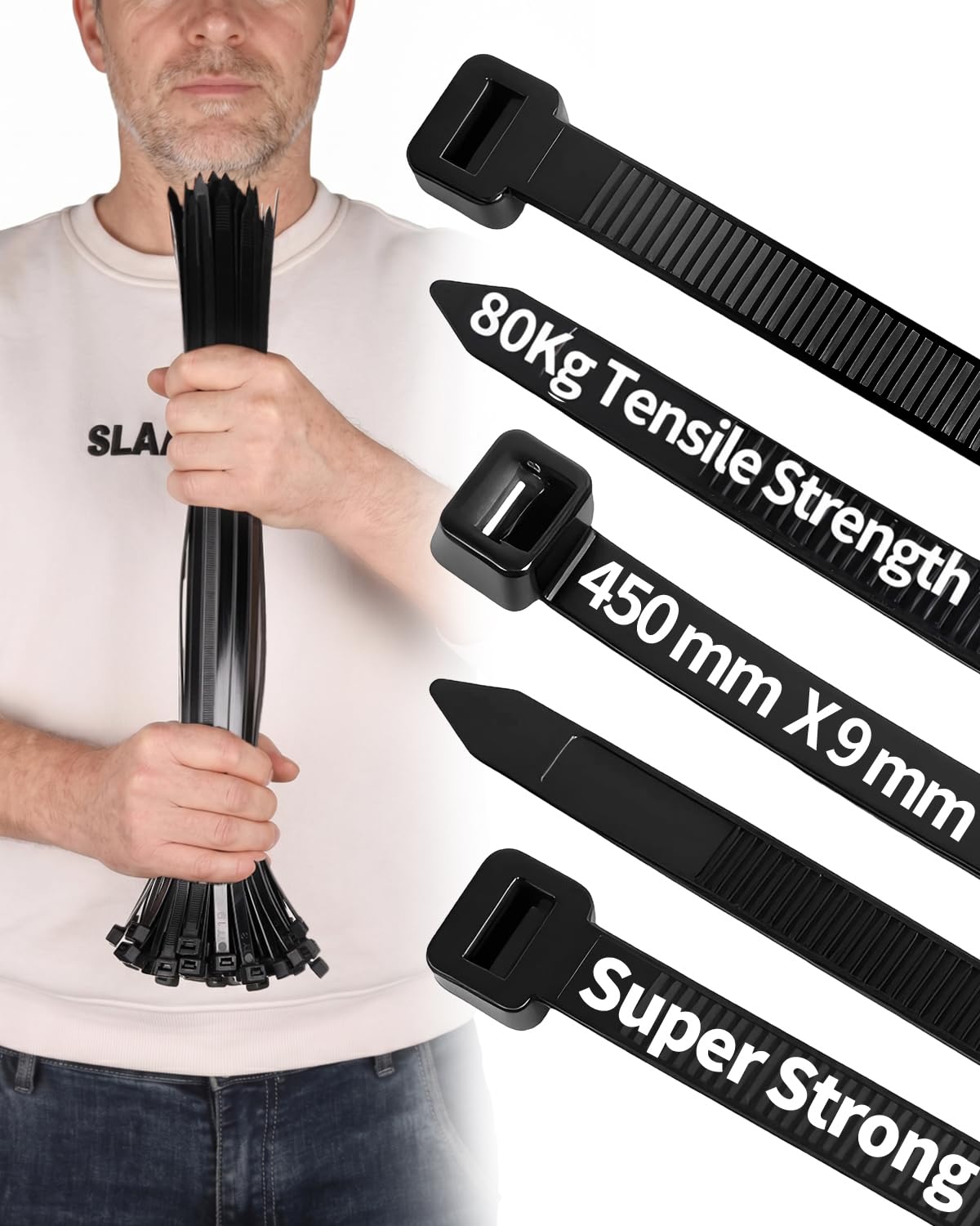 100 PCS Black Cable Ties Heavy Duty, 450mm x 9mm Long with 80 KGS Ultra Strong Tensile, Large UV Resistant Zip Ties, Long Tie Wraps for HVAC Outdoor Us (Black, 450mm*9mm 100pcs)