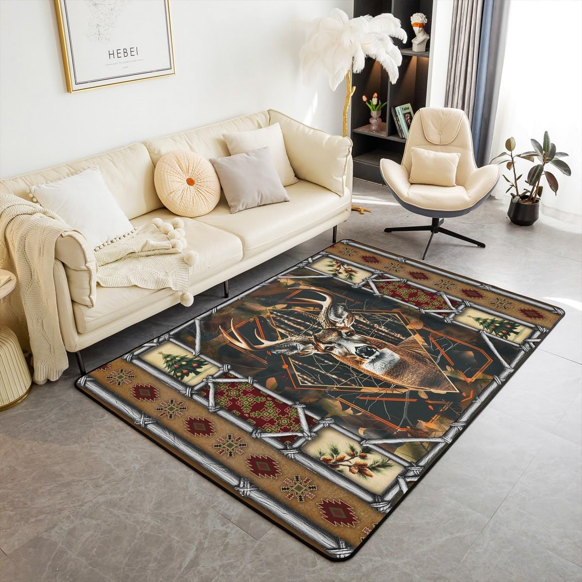 Feelyou Deer Hunting Area Rug 5x7 Wildlife Living Room Rugs for Bedroom for Kids Boys Girls Rustic Cabin Country Decor Carpet Soft Non-Slip Polyester