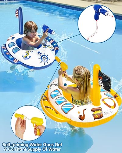 Vista 3 de Flotadores inflables de piscina para niños, flotadores de piscina modelo azul marino con pistola de agua con cable de 26 pulgadas para niños y niñas