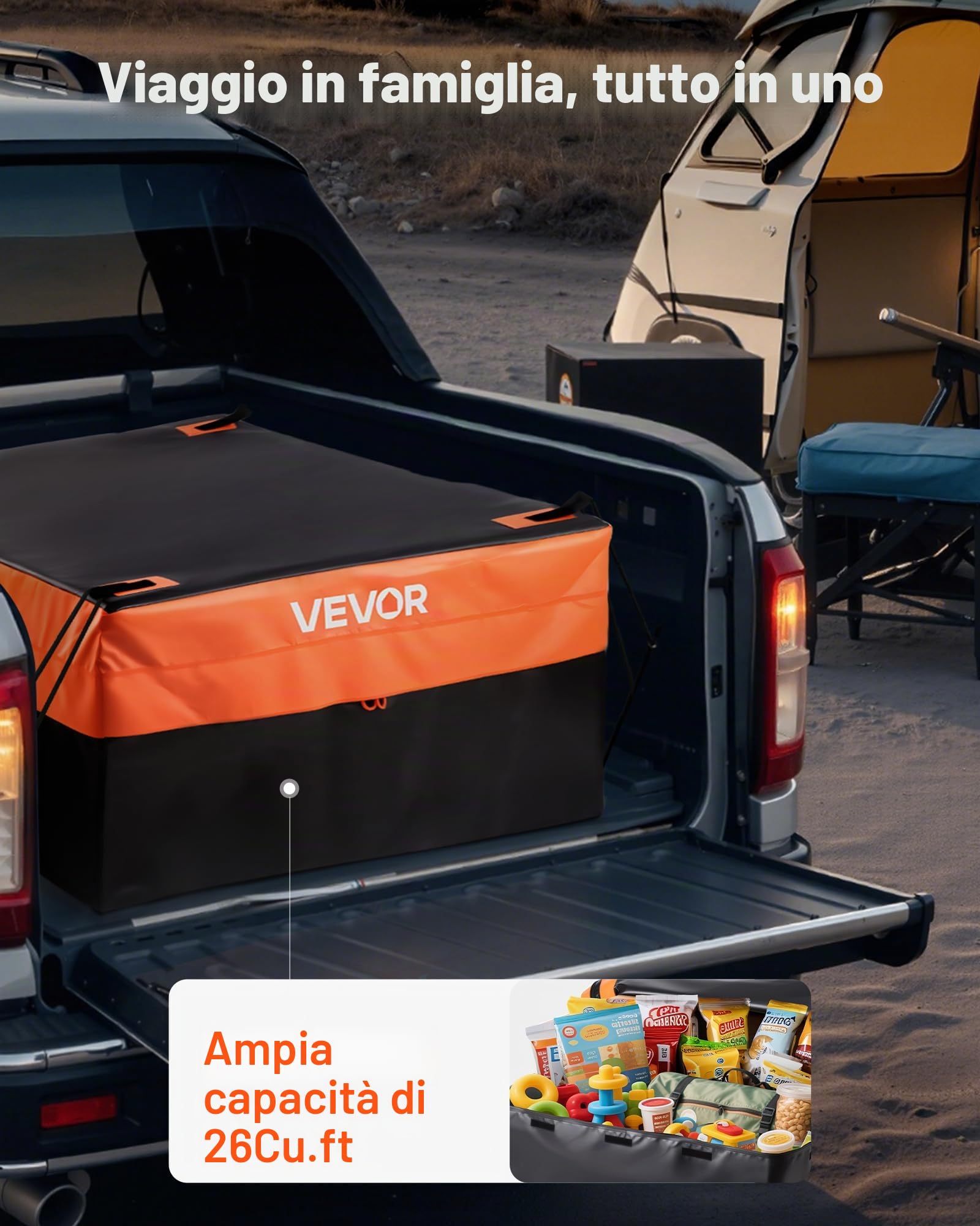 VEVOR Borsa da Carico per Cassone di Camion 1300 x 1020 x 555 mm Borsa da Carico Resistente per Cassone di Camion con Corde Elastiche, Rete e Moschettoni, Adatta a Una Varietà di SUV e Pick-up