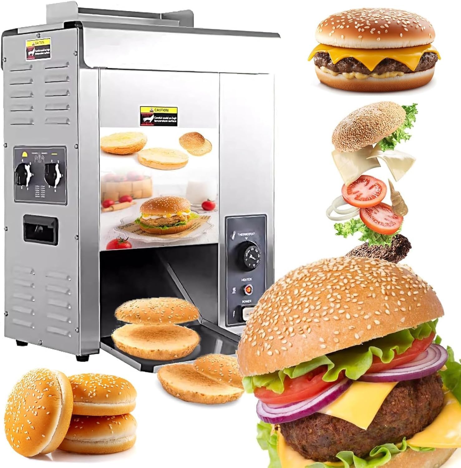 Tostadora De Hamburguesas Comercial De 2000 W, Tostadora De Panecillos De Hamburguesa, Para Restaurantes, Panaderías, Cafeterías Y Restaurantes, Con Puerto De Alimentación Ajustable.