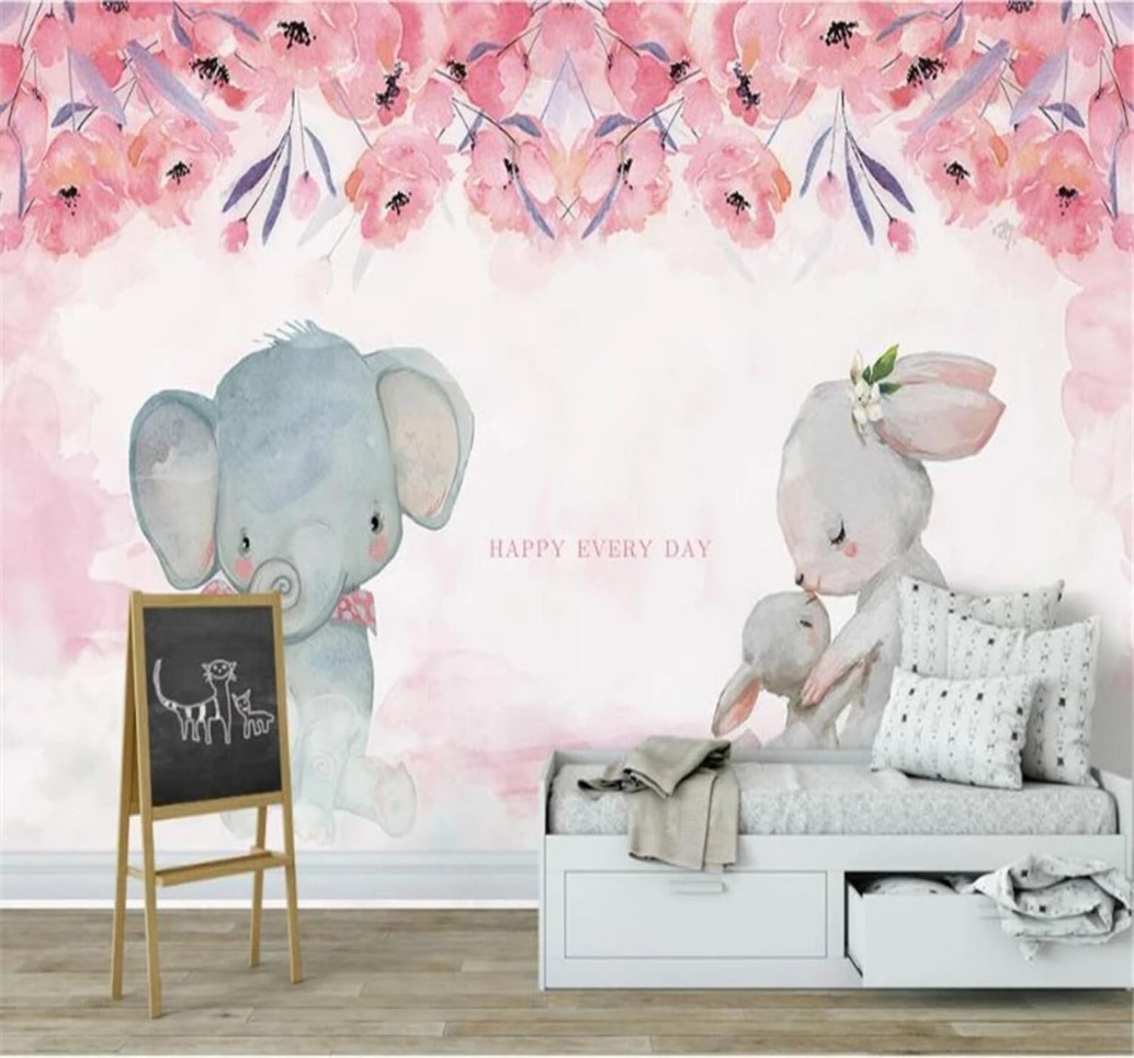 Xlming 200Cm×140Cm(B×H) Pink Flowers Cartoon Elephant Bunny 3D Wallpaper Luxury Home Dining Decor Paste Sofa Living Room The Wall For Bedroom Mural-200Cm×140Cm