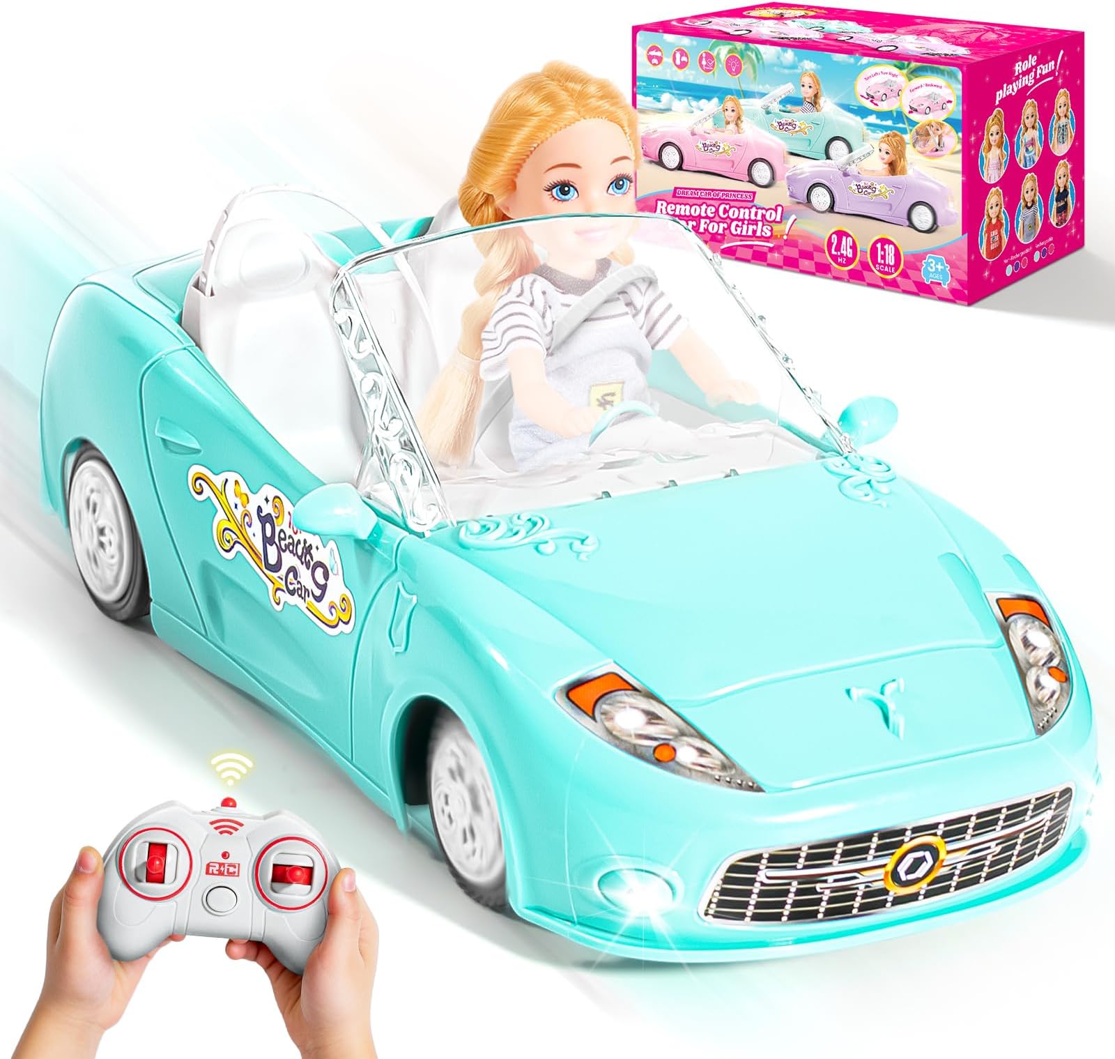 Blue Remote Control Car for Girls, 1:18 Scale RC Cars with LED Light, 2.4 GHZ Pink Truck Toy for Toddlers Kids, Birthday R/C Toys for Boys Girls Aged 4-7 (Batteries Not Included)