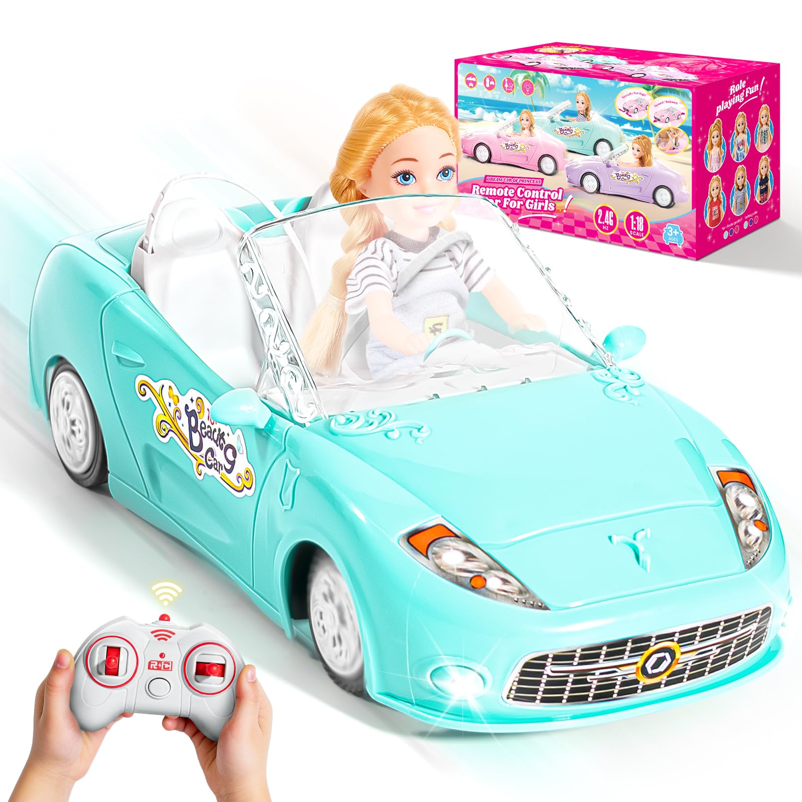 Blue Remote Control Car for Girls, 1:18 Scale RC Cars with LED Light, 2.4 GHZ Pink Truck Toy for Toddlers Kids, Birthday R/C Toys for Boys Girls Aged 4-7 (Batteries Not Included)
