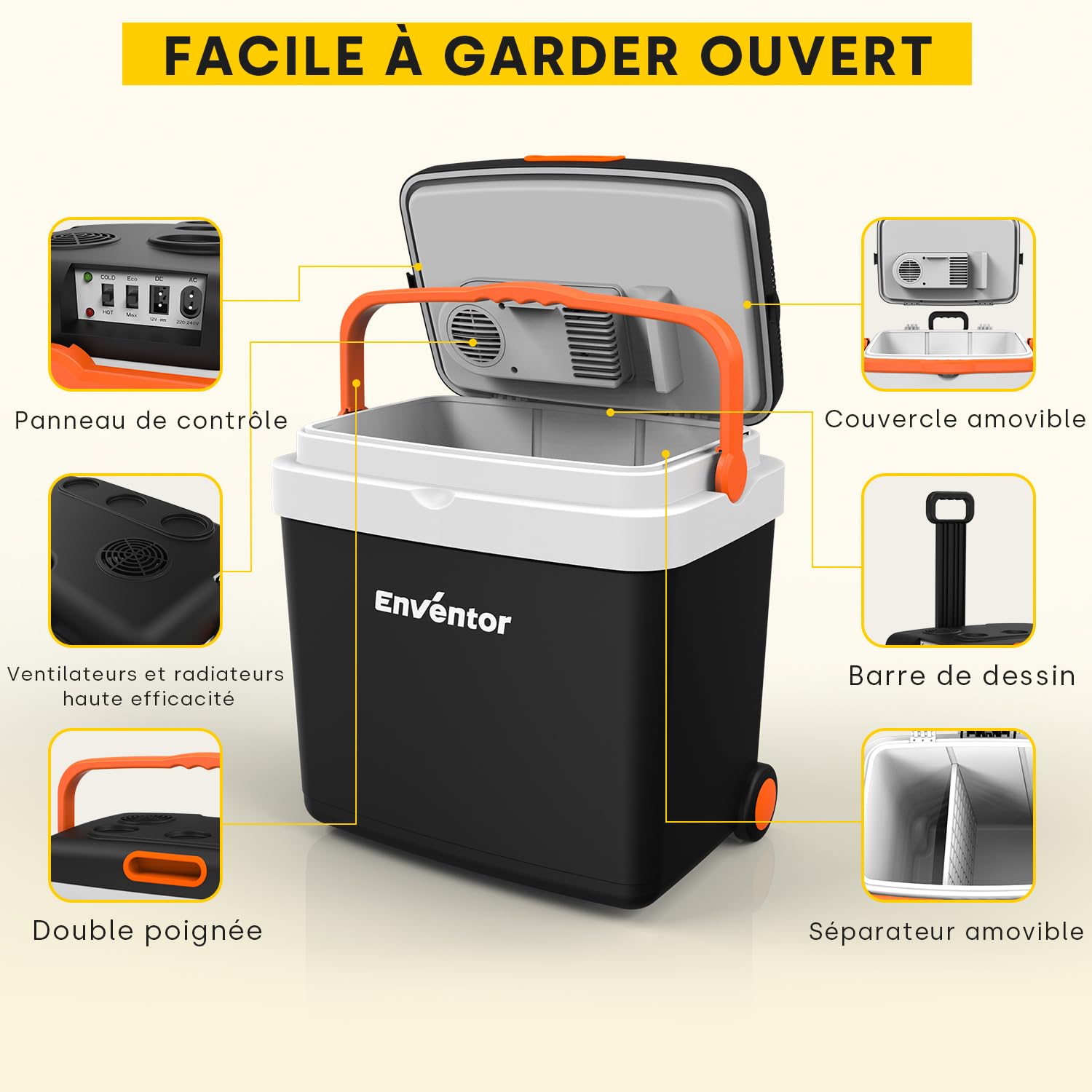 Enventor Glacière électrique 33 Litres, avec roulettes et poignée allongée, Mini Frigo pour garder au chaud et au frais, 12V 230V, mode ECO, réfrigérateur pour Voiture, Camping et Bateau