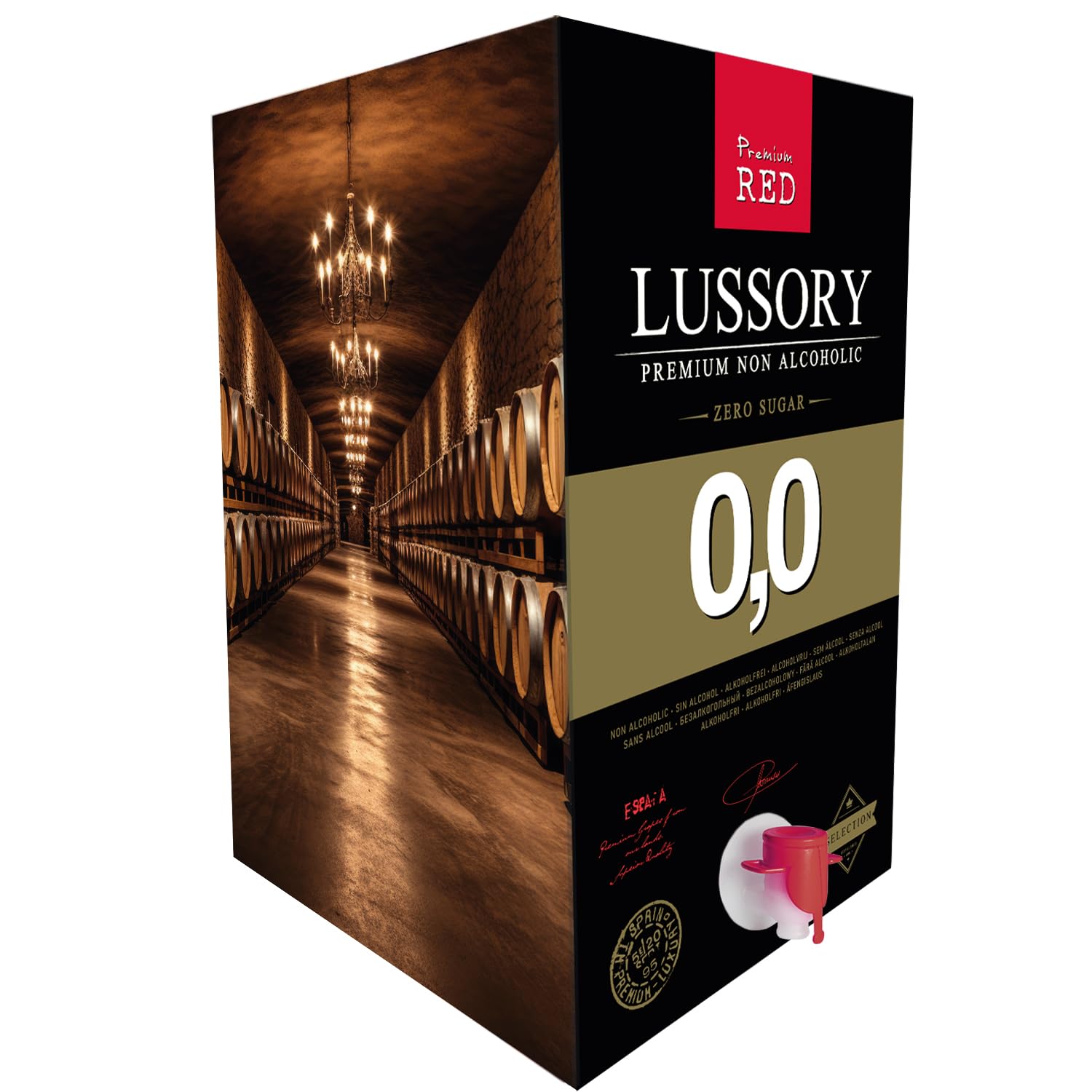 Vino Rosso SENZA ALCOL 0,0 - LUSSORY PREMIUM | Bag in Box 10 L | Equivalente a più di 13 bottiglie da 750 ml | Formato risparmio con rubinetto | SENZA zucchero, SENZA alcol, BASSO contenuto calorico
