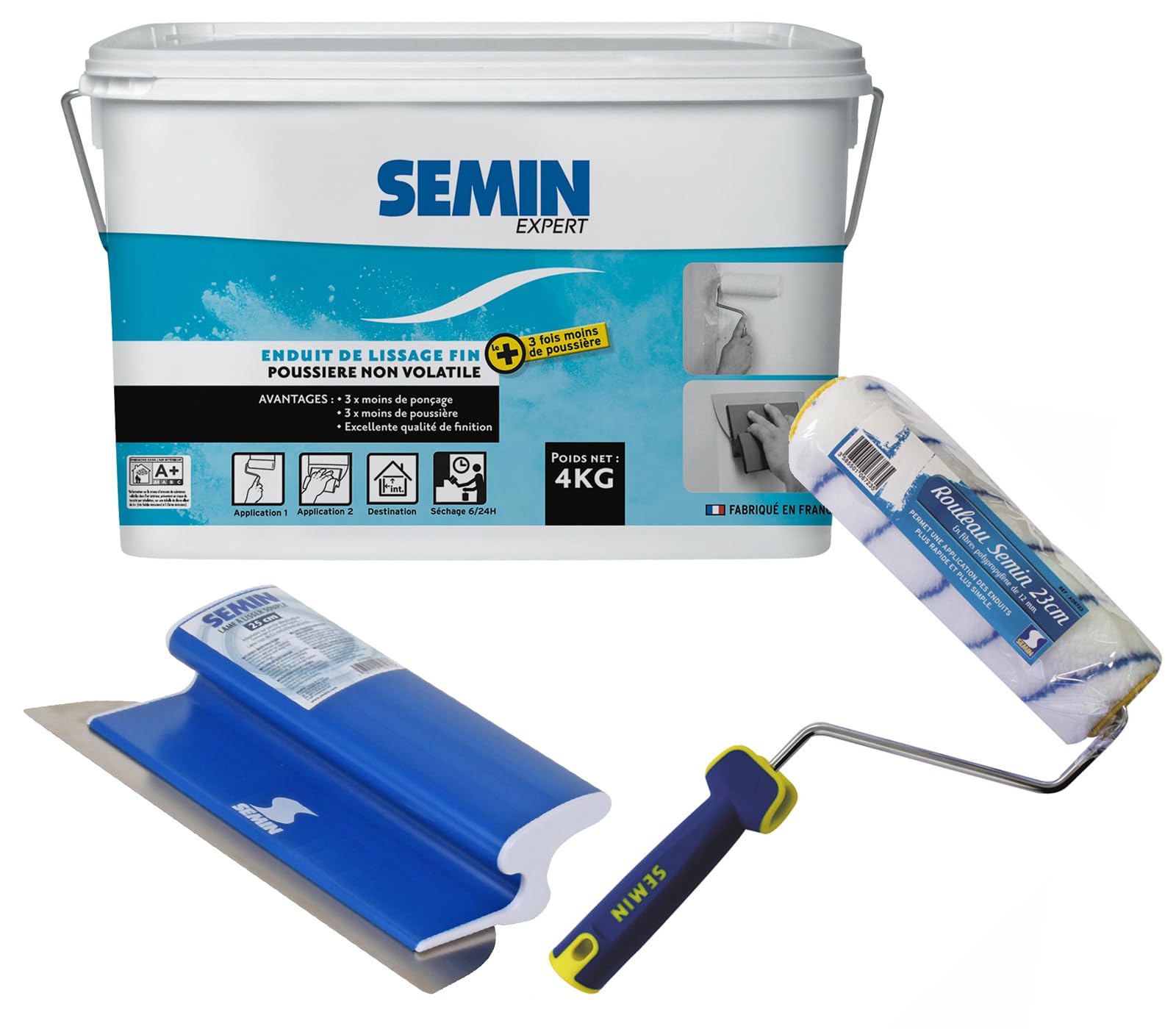 Semin Enduit de Lissage pour Finition des Murs - 3 Fois Moins de Ponçage - Intérieur - Seau de 4 kg, Rouleau - 23 cm et Lame pour Enduire et Lisser - 25 cm