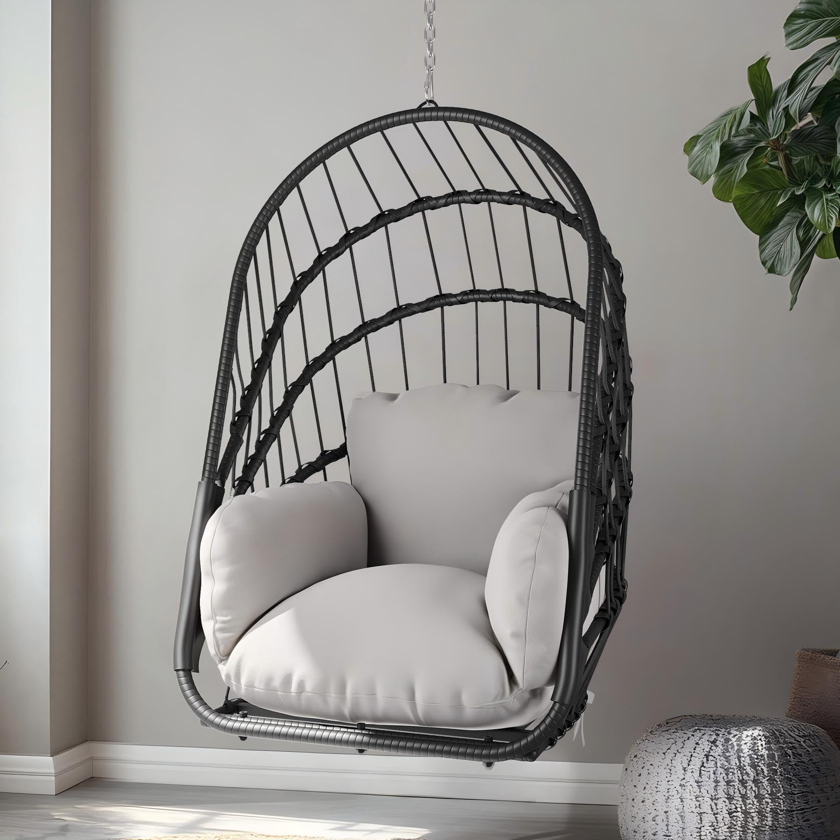 YITAHOME Hamaca colgante sin estructura, mecedora de ratán con cojín lavable, capacidad de carga de 160 kg, silla colgante plegable para terraza, jardín, dormitorio y balcón, color gris