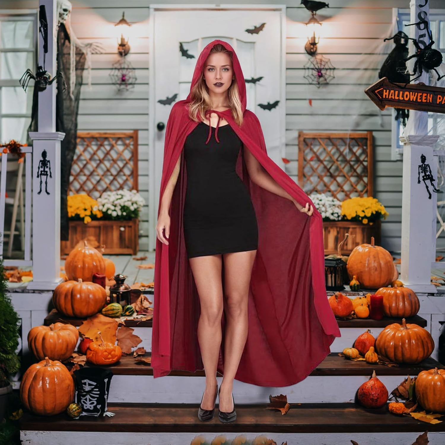 Classic Red Cape with Hood Full Length, Soft Cosplay Costume for Women, Halloween Red Cloak with Neckline Drawstring Design, One Size Fits Most - Ideal for Parties - Image 2