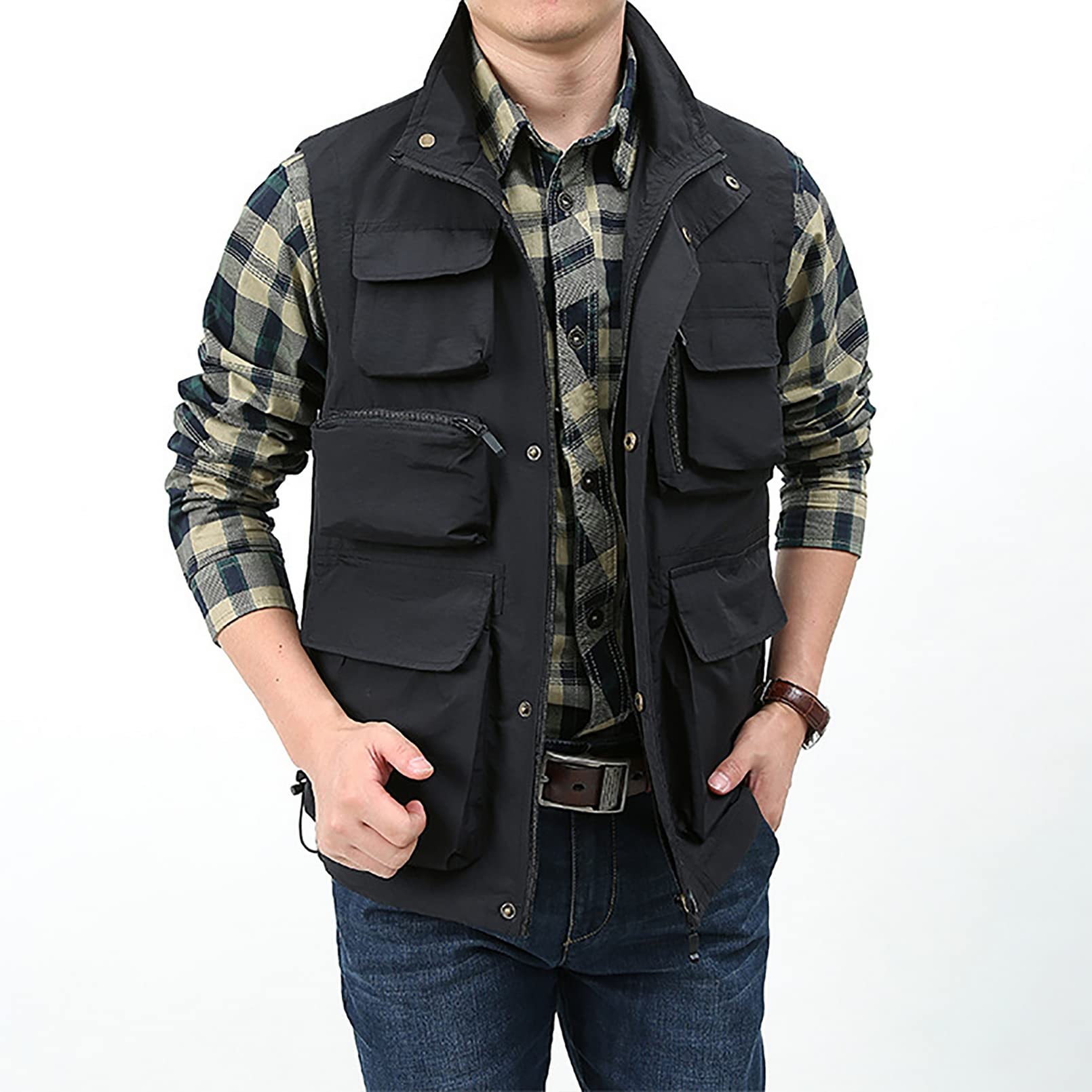 BOOMLEMON Chaleco de trabajo casual para hombre, estilo casual, para actividades al aire libre, safari, pesca, tiro, chaqueta cargo ligera con múltiples bolsillos