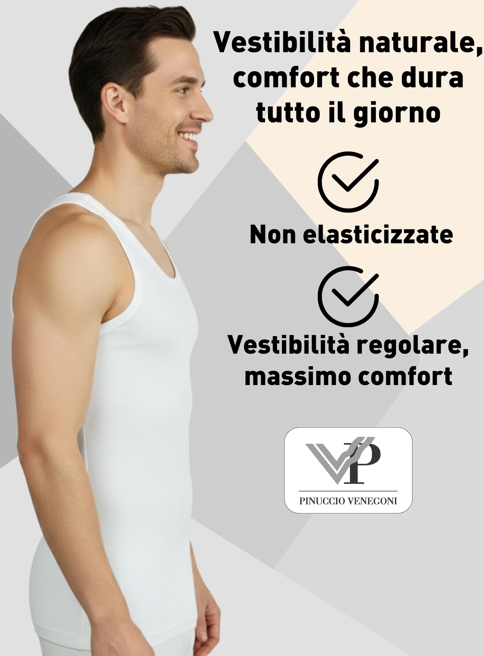 Pinuccio Venegoni Set 3 Canottiera Lana Cotone Uomo Intimo 100% Sulla Pelle; Canottiere Uomo Spalla Larga Invernali, MADE IN ITALY; Canotta Termica Misto Lana Esterno E Cotone Interno Intimo Lana Uomo