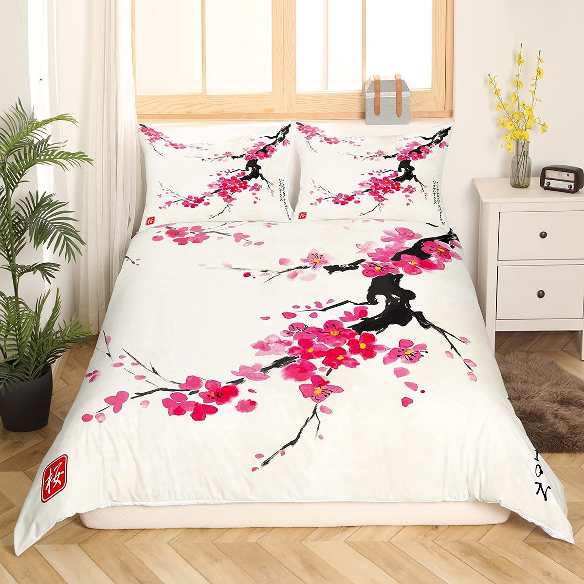 Homewish Boys Multi 01 Cherry Blossom Duvet Cover Japanese Style Bedding Set For Girls Teens Floral Branch Botanical Comforter Cover Japan Ukiyoe Theme Quilt Cover Kawaii Room Decor King Size Pink