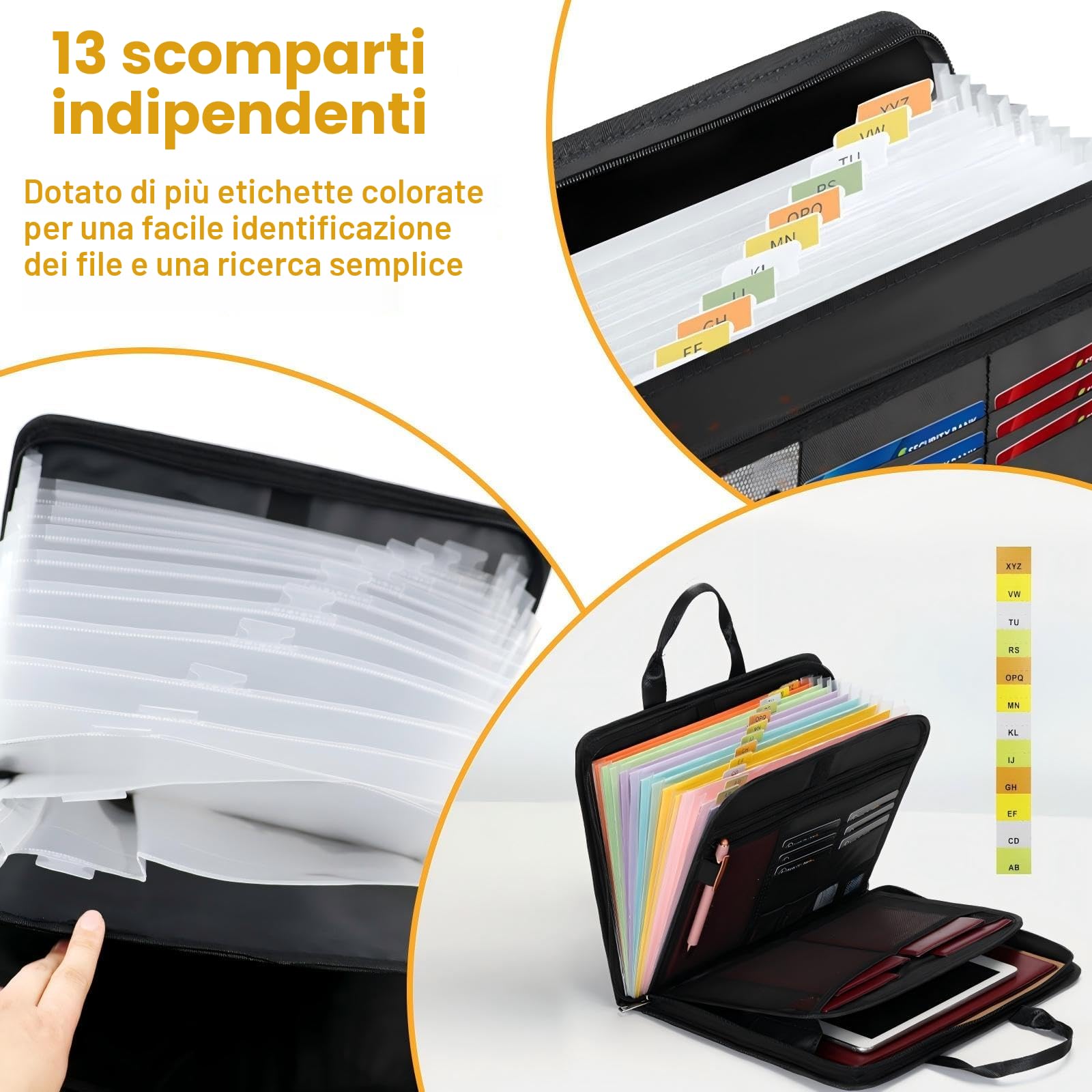 Cartella Portadocumenti Ignifuga A4 con Manico, 13 Scomparti e Chiusura Lampo, Cartella Portadocumenti A4 Ignifuga e Impermeabile per Documenti Importanti, Passaporti, Ricevute, Nero 36,5×27×4 cm