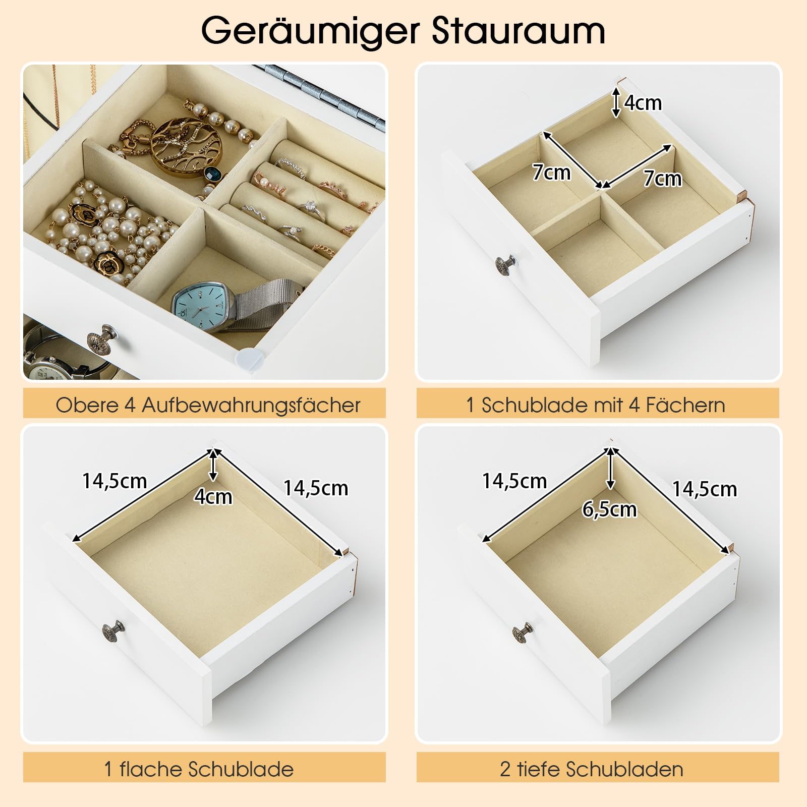 COSTWAY Schmuckschrank mit Spiegel, Schmuckkästchen mit Schubladen & Griffen & 8 Haken, Schmuckkommode mit Massivholzbeinen & Klapptüren, Aufbewahrungsschrank für Schmuck, Weiß