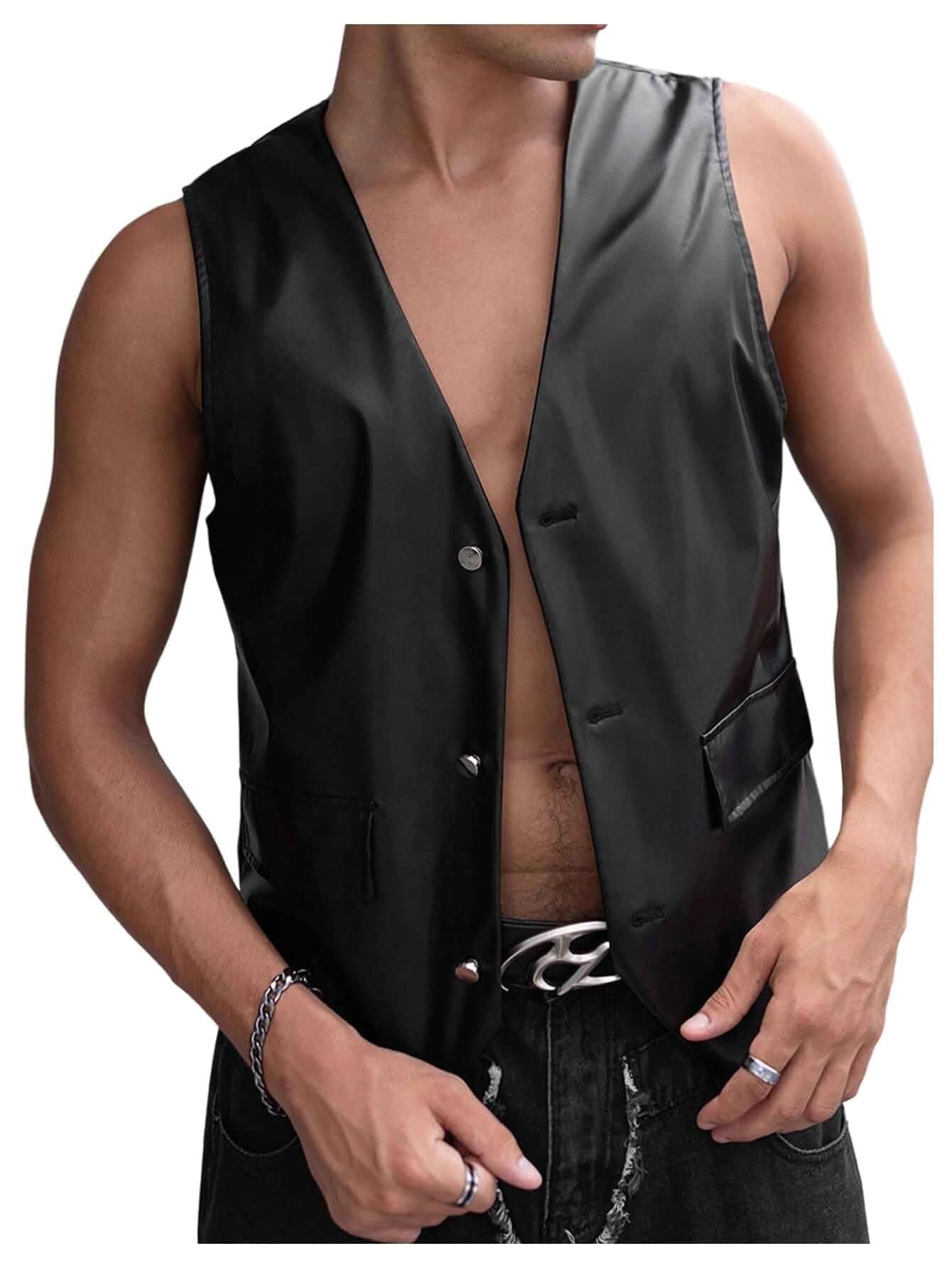 GORGLITTERMen's Leather Western Vest Casual Cool Cowboy Cropped Vests Party Club Rave Outfits, Button Down V Neck Going Out Jacket