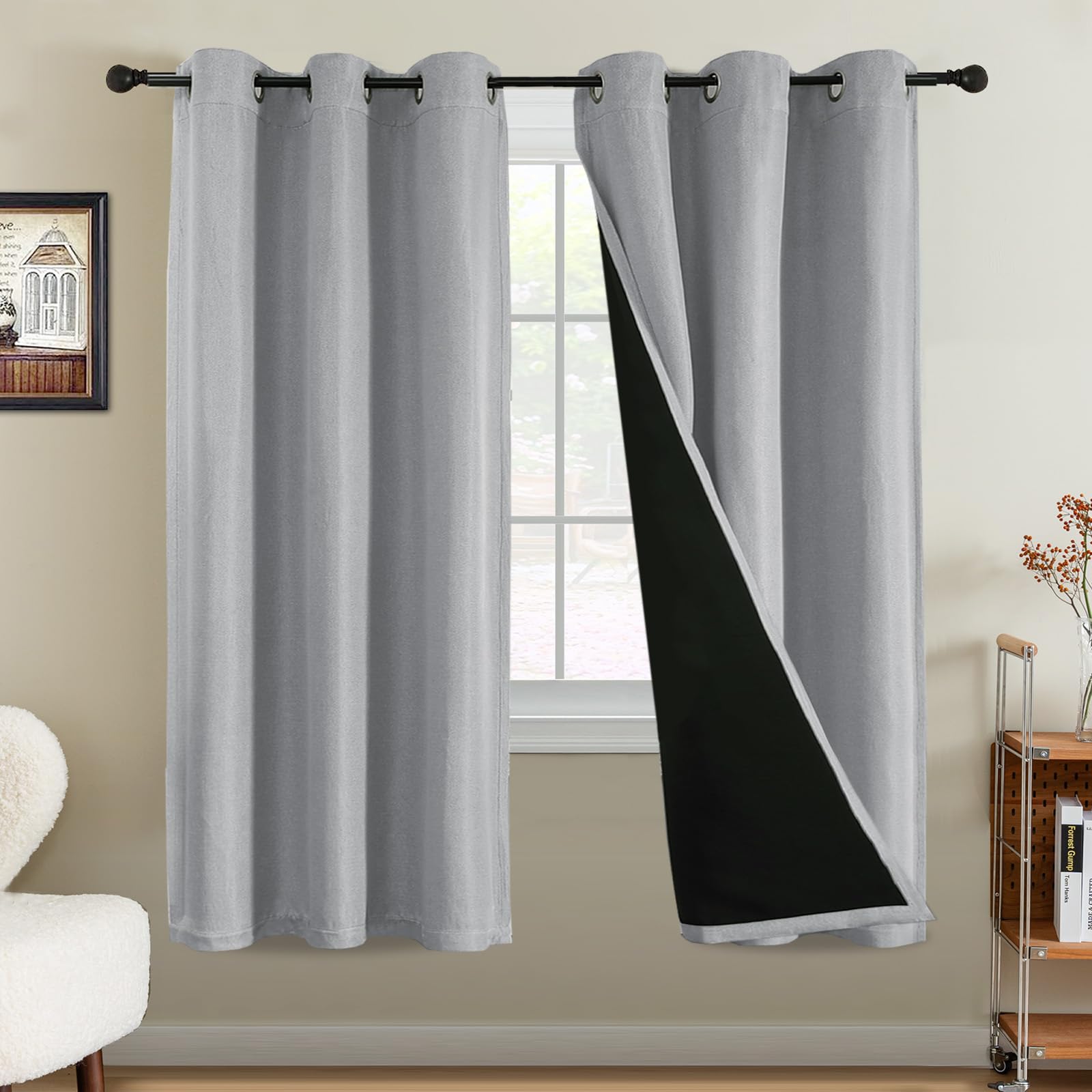 Bellahills Heather Grey 100% Blackout Curtains For Bedroom Thermal Faux Linen Curtain For Living Room Burlap Textured Eyelet Curtains & Drapes, 2 Panels, 46 X 72 Inch,