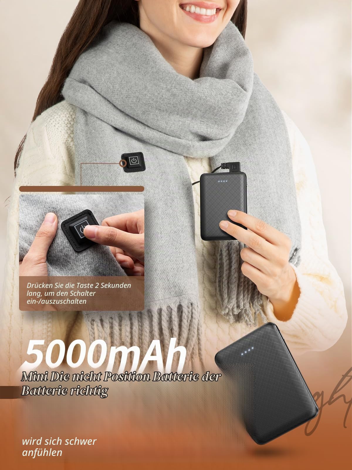 eventek Winter Selbst Heizung mit Batterie Solid Farbe Schal weiche Quaste Männer Frauen lange Schal mit Batterie (grau)