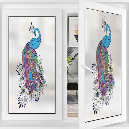 Miniatura 3 de Película autoadhesiva de privacidad para ventana, arte colorido de moda con patrón de pavo real, película de privacidad para glaseado, decoración de