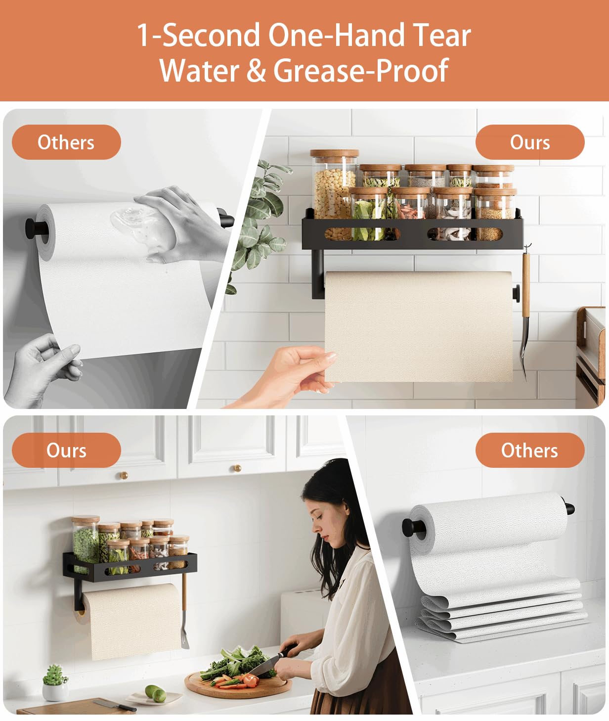 Soporte de pared para toallas de papel para cocina, lágrima con una sola mano, soporte para toallas de papel de baño con estante, estante para especias y toallero de papel para caravana, soporte para 2