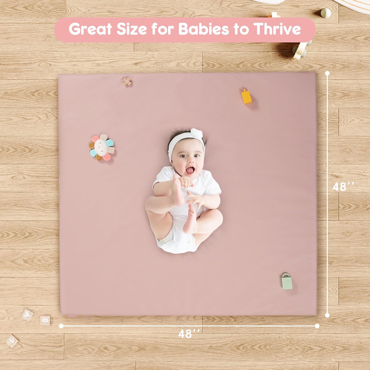 Padded Baby Play Mat, Super Soft Vegan Leather Floor Mat for Baby Girls and Boys, 48x48 Non-Slip Thick Foam Cushioned Play Mat for Babies 6-12 Months, Fits Nicely Into 50x50 Playpen Mat, Pink
