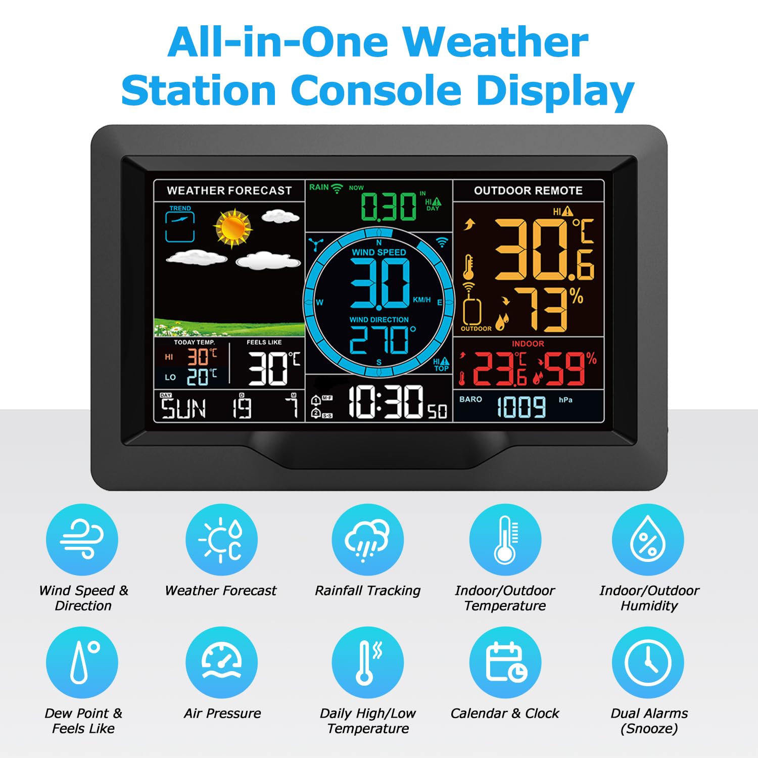 Stazione meteo wireless con sensore esterno, velocità del vento e pluviometro 10 in 1, monitor di umidità della temperatura, barometro, previsioni meteo, calendario e sveglia, display LCD per la casa