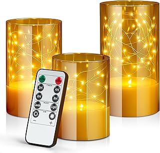 Lot de 3 LED Bougies Sans Flamme avec Guirlande Lumineuse, Bougies Electrique avec Télécommande et Minuterie, Acrilique Bougies LED, pour Décoration de Noël, Décoration Intérieure, Mariages et Fêtes