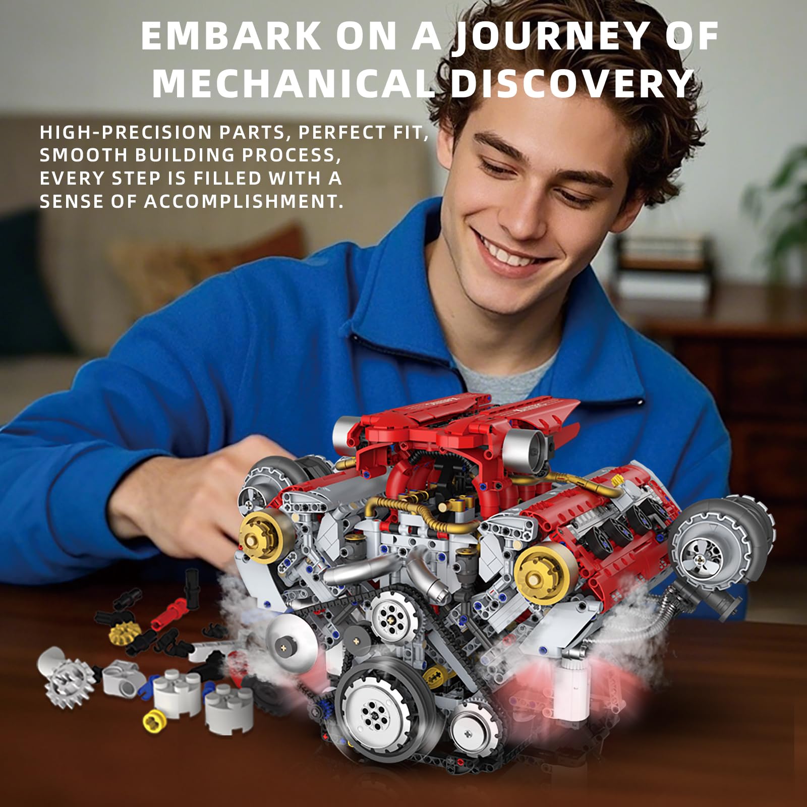 Technik V8 Motor Bauspielzeug Erwachsene, Auto Engine Modellbausatz mit Motor/Licht/Rauch, DIY-Hobbyprojekt MOC STEM Spielzeug, Geschenke für Kinder und Jugendliche 14+ (3201 Teile)