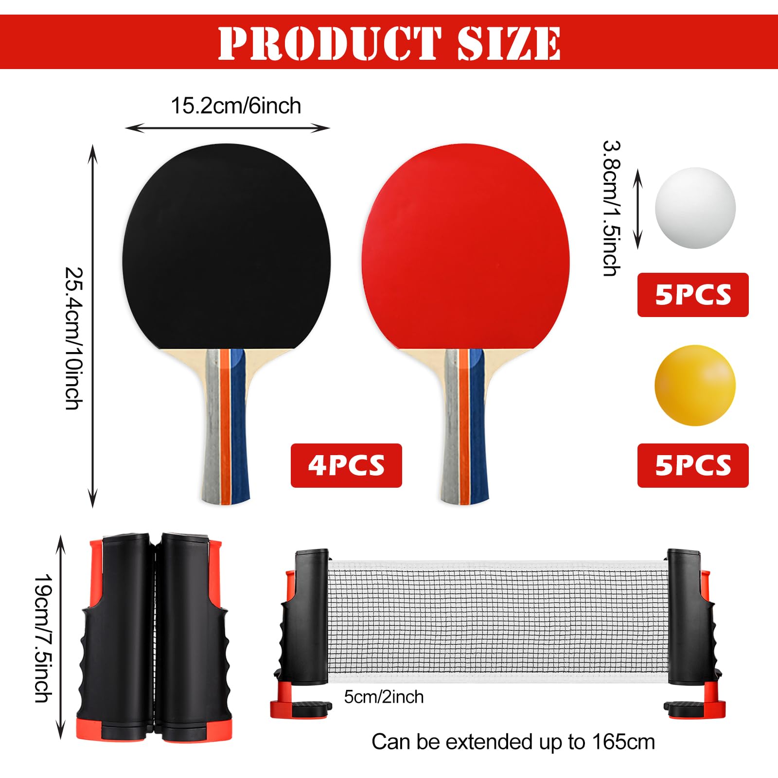 Set De Tennis De Table: 4 Raquettes De Tennis De Table + 1 Filet Rétractable + 10 Balles De Tennis De Table + 1 Sac De Transport, Set De Raquettes De Ping-Pong pour Loisir, Entraînement, Amateurs
