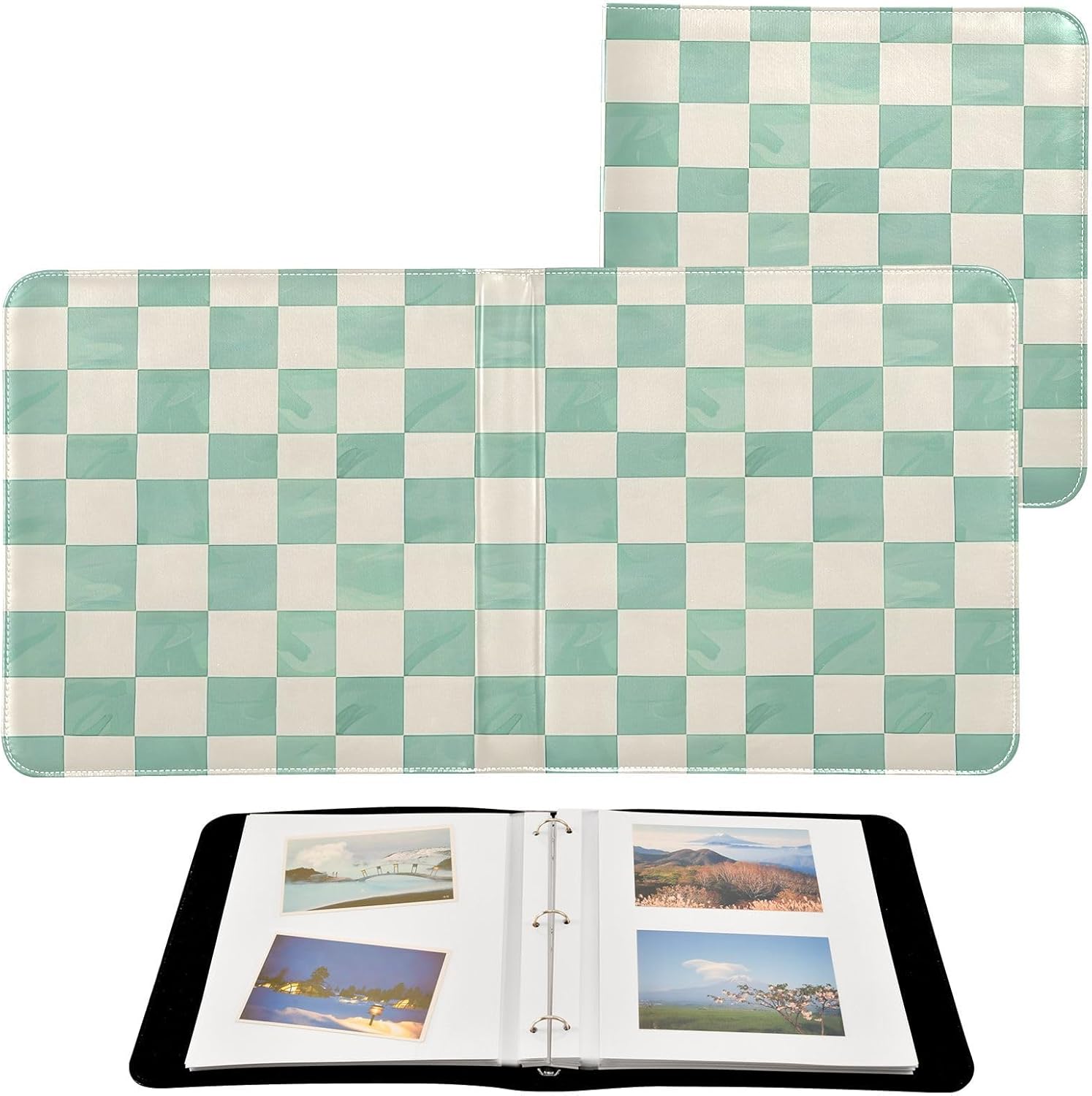JIPONI Mint and Cream Checkerboard Large Photo Album, DIY Leather Cover Scrapbook Albums for 4x6 5x7 6x8 Pictures, Self Adhesive Memory Book for Wedding, Baby, Family