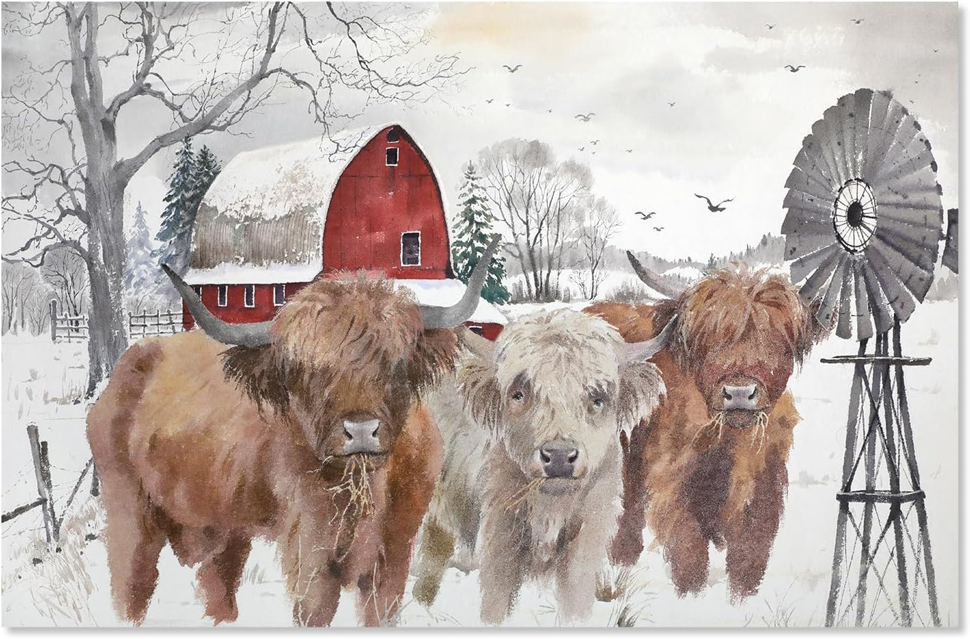 Farmhouse Highland Cow Wall Art: Cows Picture Home Decor, Cute Cattle with Red Barn Canvas Print, Framed Rustic Winter Farm Scene Poster 12" x 15"
