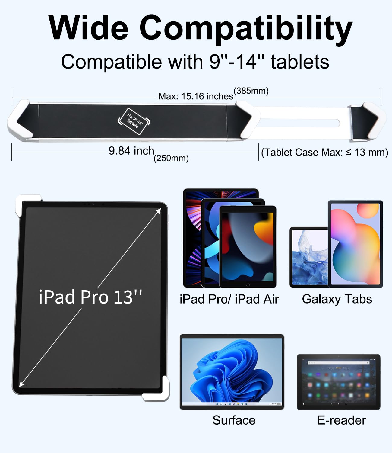Soporte Tablet Pared Antirrobo para 9-14" iPad, Soporte de Muro Tableta de Aluminio, Porta Tablet Antirrobo Pared para iPad Pro 13 12.9 10.5 9.7, iPad Air, Galaxy Tab A9+ S9, Tab M10 Plus
